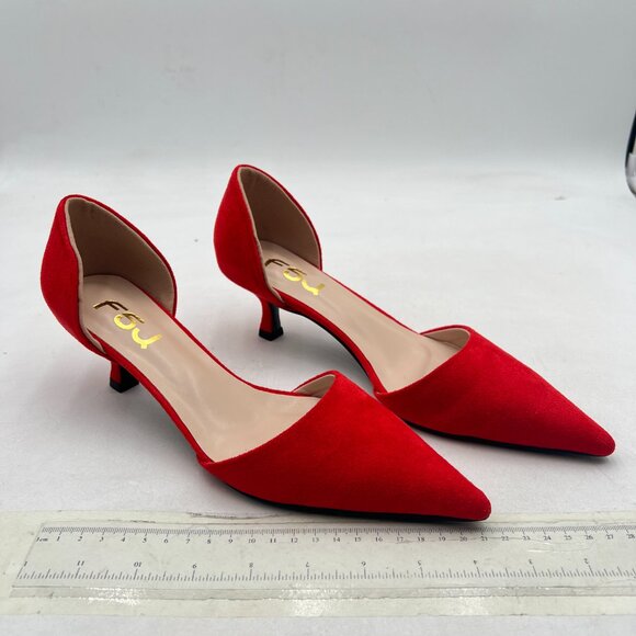 FSJ Red D'Orsay Comfy Kitten Heels Closed Pointed Toe Classic Slip On Pumps - Picture 3 of 7